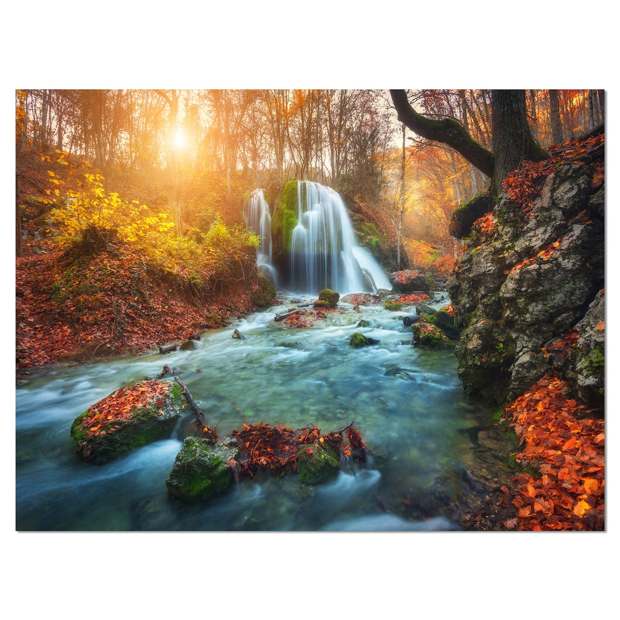 Designart - Fast Flowing Fall River in Forest - Landscape Photography Canvas Print
